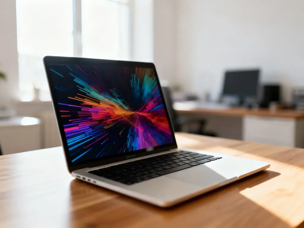 Nowoczesny laptop z kolorową grafiką na ekranie, ustawiony na drewnianym biurku w jasnym, domowym biurze.