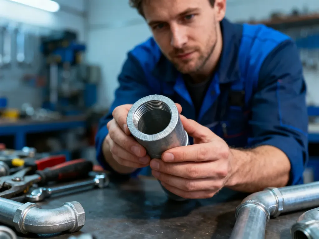 Hydraulik w warsztacie trzymający metalową rurę, prezentujący średnicę elementu instalacyjnego.