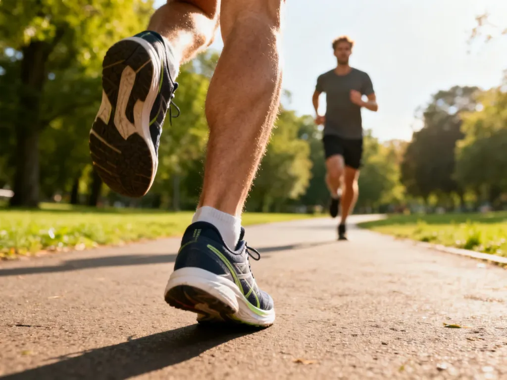 Zbliżenie na sportowe buty podczas biegu po parkowej ścieżce, ilustrujące aktywność fizyczną i pokonywanie dystansu.