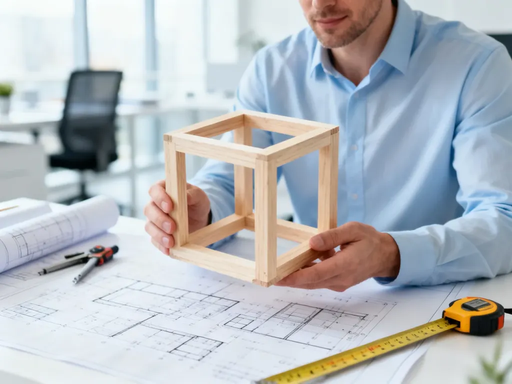 Osoba trzymająca w dłoniach drewniany model sześcianu o boku jednego metra w nowoczesnym biurze architektonicznym.